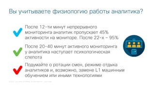 © 2018 Cisco and/or its affiliates. All rights reserved. Cisco Public
После 12-ти минут непрерывного
мониторинга аналитик пропускает 45%
активности на мониторе. После 22-х – 95%
Вы учитываете физиологию работы аналитика?
После 20-40 минут активного мониторинга
у аналитика наступает психологическая
слепота
Подумайте о ротации смен, режиме отдыха
аналитиков и, возможно, замене L1 машинным
обучением или иными технологиями
 