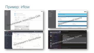 © 2018 Cisco and/or its affiliates. All rights reserved. Cisco Public
Пример: irflow
Визуализация через Cisco CMX
Формирование тикета
Интеграция с ServiceNow
Интеграция с Webex Teams
 