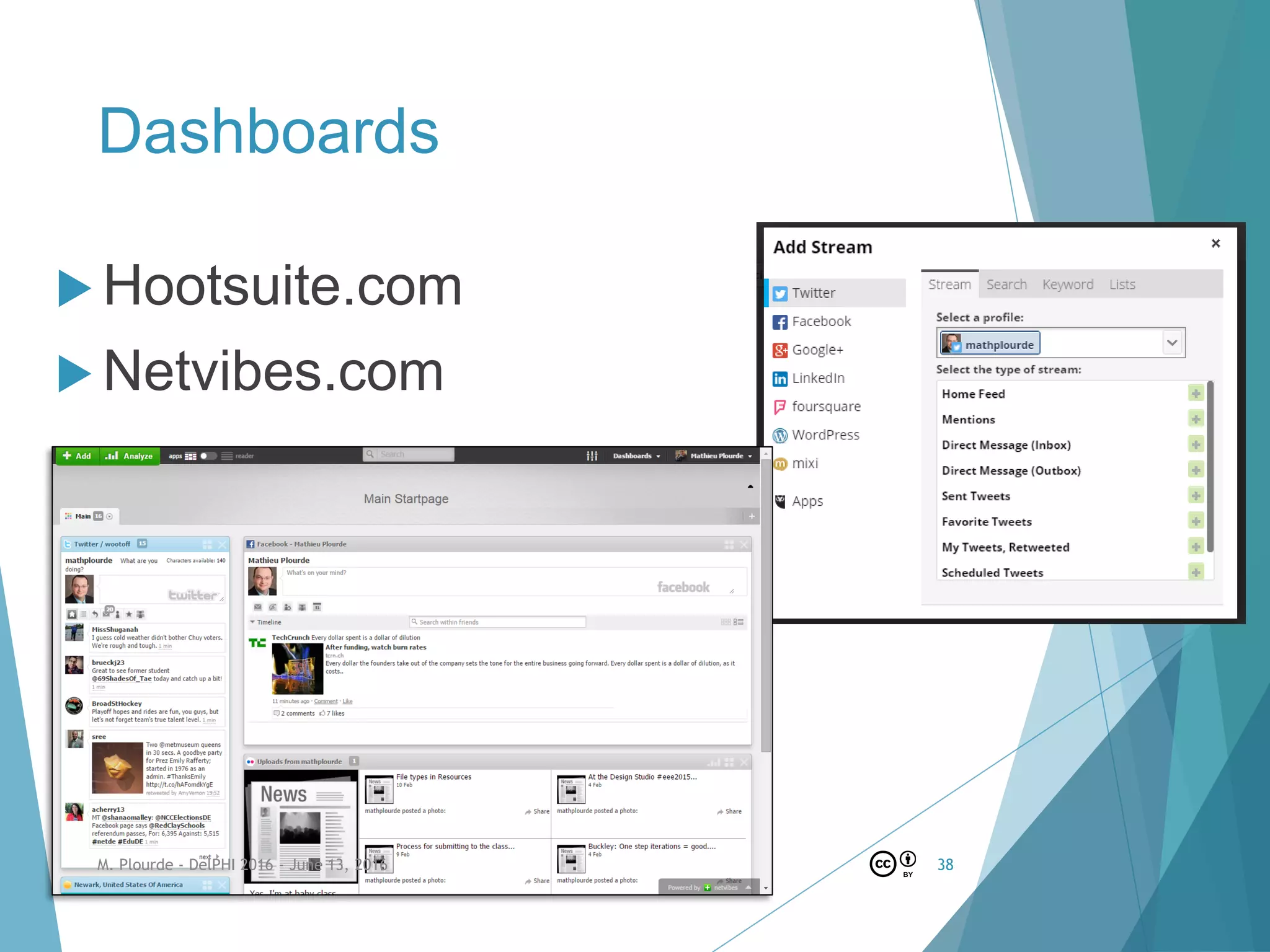 Dashboards
 Hootsuite.com
 Netvibes.com
M. Plourde - DelPHI 2016 - June 13, 2016 38
 
