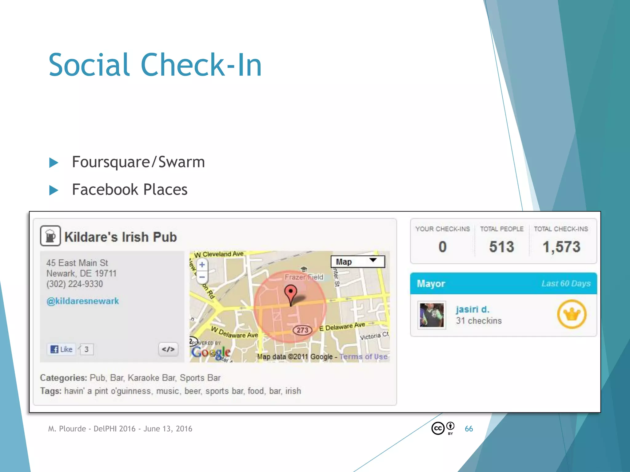Social Check-In
 Foursquare/Swarm
 Facebook Places
M. Plourde - DelPHI 2016 - June 13, 2016 66
 