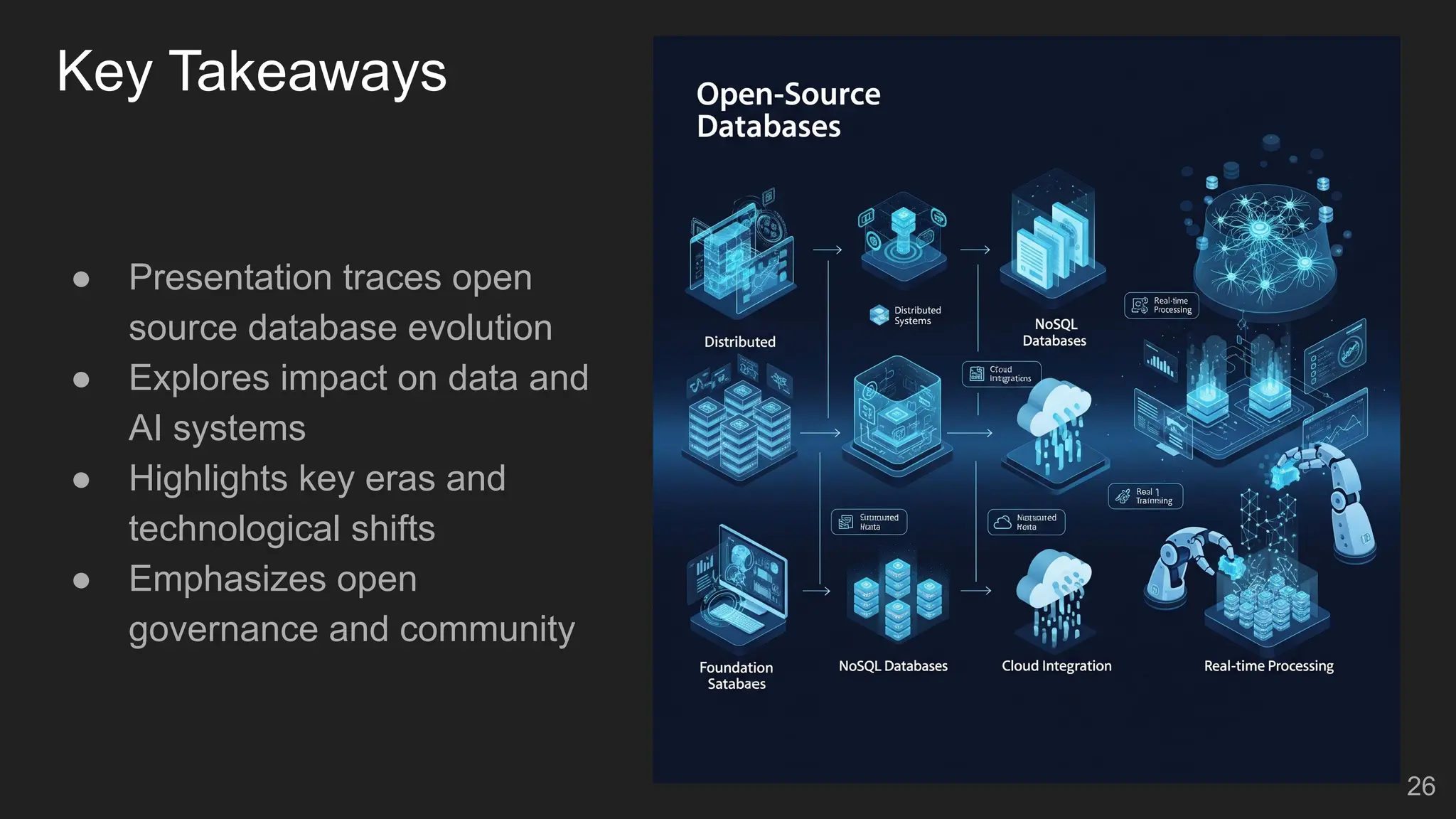 Key Takeaways ● Presentation traces open source database evolution ● Explores impact on data and AI systems ● Highlights key eras and technological shifts ● Emphasizes open governance and community 26 