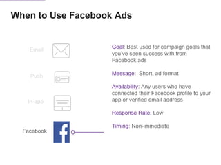 When to Use Facebook Ads
Push
In-app
Email
Facebook
Goal: Best used for campaign goals that
you’ve seen success with from
Facebook ads
Message: Short, ad format
Availability: Any users who have
connected their Facebook profile to your
app or verified email address
Response Rate: Low
Timing: Non-immediate
 