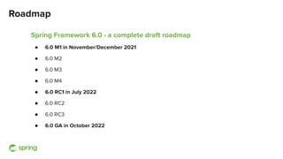 Roadmap
Spring Framework 6.0 - a complete draft roadmap
● 6.0 M1 in November/December 2021
● 6.0 M2
● 6.0 M3
● 6.0 M4
● 6.0 RC1 in July 2022
● 6.0 RC2
● 6.0 RC3
● 6.0 GA in October 2022
 