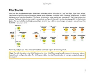 Importing Data
9
Other Sources
Local files and databases aside, there are so many other data sources to access! We’ll look at a few of those in this section.
Two connection environments in this section are the Twitter nodes and the Google nodes. These can all be found in the Social
Media section of the Node Repository. The Twitter API Connector node requires you supply an API Key in the configuration
window. The Google Authentication node is even easier to configure. In the node’s configuration dialog, click the Authenticate
button. This opens the familiar Google account login screen in your web browser, where you can approve access to your files
for KNIME – and you’re done!
For brevity, we’ll just look at two of these nodes here. Feel free to explore other nodes yourself.
Note. The node description in the KNIME Workbench or on the KNIME Community Hub tells you everything you need to know
about how to configure the nodes. The Get Request and the Download (legacy) nodes, for example, are particularly great
resources!
 