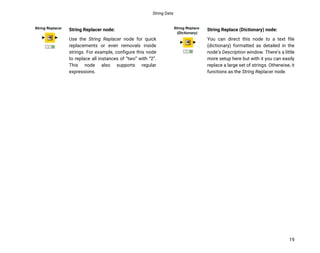 String Data
19
String Replacer node:
Use the String Replacer node for quick
replacements or even removals inside
strings. For example, configure this node
to replace all instances of “two” with “2”.
This node also supports regular
expressions.
String Replace (Dictionary) node:
You can direct this node to a text file
(dictionary) formatted as detailed in the
node’s Description window. There’s a little
more setup here but with it you can easily
replace a large set of strings. Otherwise, it
functions as the String Replacer node.
 
