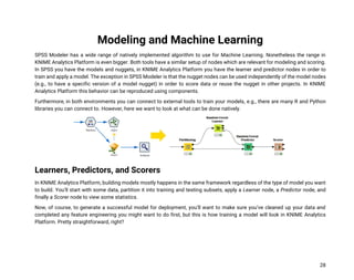 28
Modeling and Machine Learning
SPSS Modeler has a wide range of natively implemented algorithm to use for Machine Learning. Nonetheless the range in
KNIME Analytics Platform is even bigger. Both tools have a similar setup of nodes which are relevant for modeling and scoring.
In SPSS you have the models and nuggets, in KNIME Analytics Platform you have the learner and predictor nodes in order to
train and apply a model. The exception in SPSS Modeler is that the nugget nodes can be used independently of the model nodes
(e.g., to have a specific version of a model nugget) in order to score data or reuse the nugget in other projects. In KNIME
Analytics Platform this behavior can be reproduced using components.
Furthermore, in both environments you can connect to external tools to train your models, e.g., there are many R and Python
libraries you can connect to. However, here we want to look at what can be done natively.
Learners, Predictors, and Scorers
In KNIME Analytics Platform, building models mostly happens in the same framework regardless of the type of model you want
to build. You’ll start with some data, partition it into training and testing subsets, apply a Learner node, a Predictor node, and
finally a Scorer node to view some statistics.
Now, of course, to generate a successful model for deployment, you’ll want to make sure you’ve cleaned up your data and
completed any feature engineering you might want to do first, but this is how training a model will look in KNIME Analytics
Platform. Pretty straightforward, right?
 