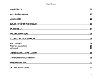 Table of Contents
iv
NUMERIC DATA 20
MULTI-ROW CALCULATIONS 21
MISSING DATA 22
OUTLIER DETECTION AND HANDLING 23
SAMPLING DATA 24
TABLE MANIPULATIONS 25
DOCUMENTING YOUR WORKFLOW 26
NODE COMMENTS 26
WORKFLOW ANNOTATIONS 26
METANODES 27
MODELING AND MACHINE LEARNING 28
LEARNERS, PREDICTORS, AND SCORERS 28
WORKFLOW CONTROL 32
DATA APPS (ANALYTIC APPS) 32
 