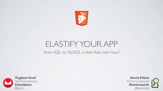 ELASTIFYYOUR APP
from SQL to NoSQL in less than one hour!
Tugdual Grall
Technical advocate
Couchbase
@tgrall
David Pilato
Technical advocate
Elasticsearch
@dadoonet
 