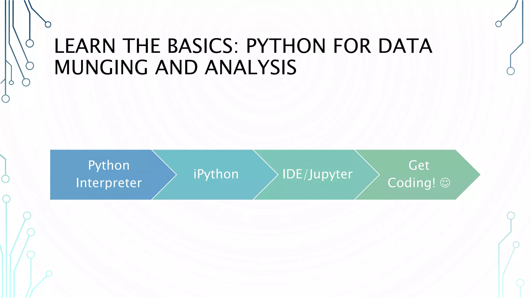 LEARN THE BASICS: PYTHON FOR DATA MUNGING AND ANALYSIS Python Interpreter iPython IDE/Jupyter Get Coding!  