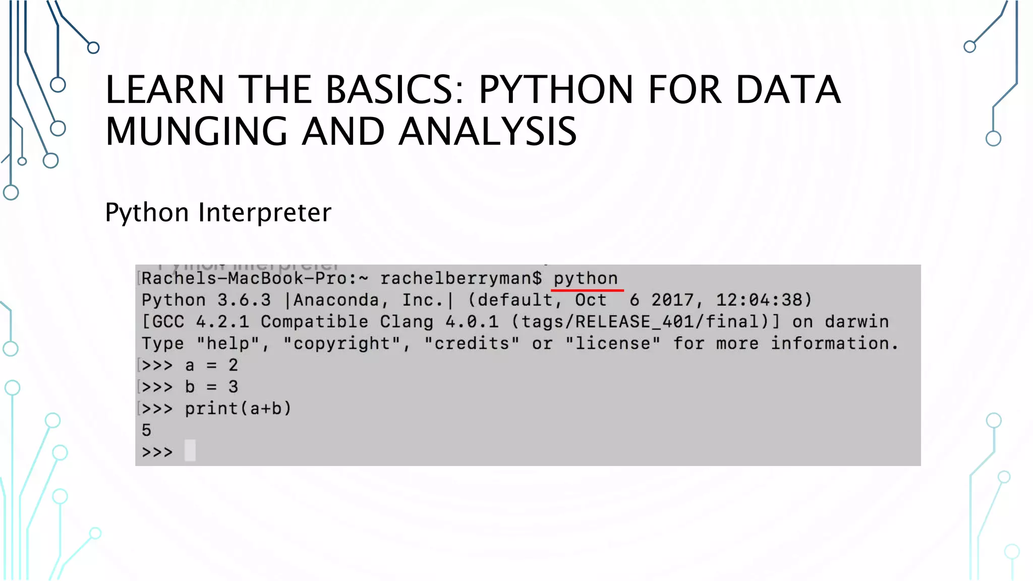 LEARN THE BASICS: PYTHON FOR DATA MUNGING AND ANALYSIS Python Interpreter 