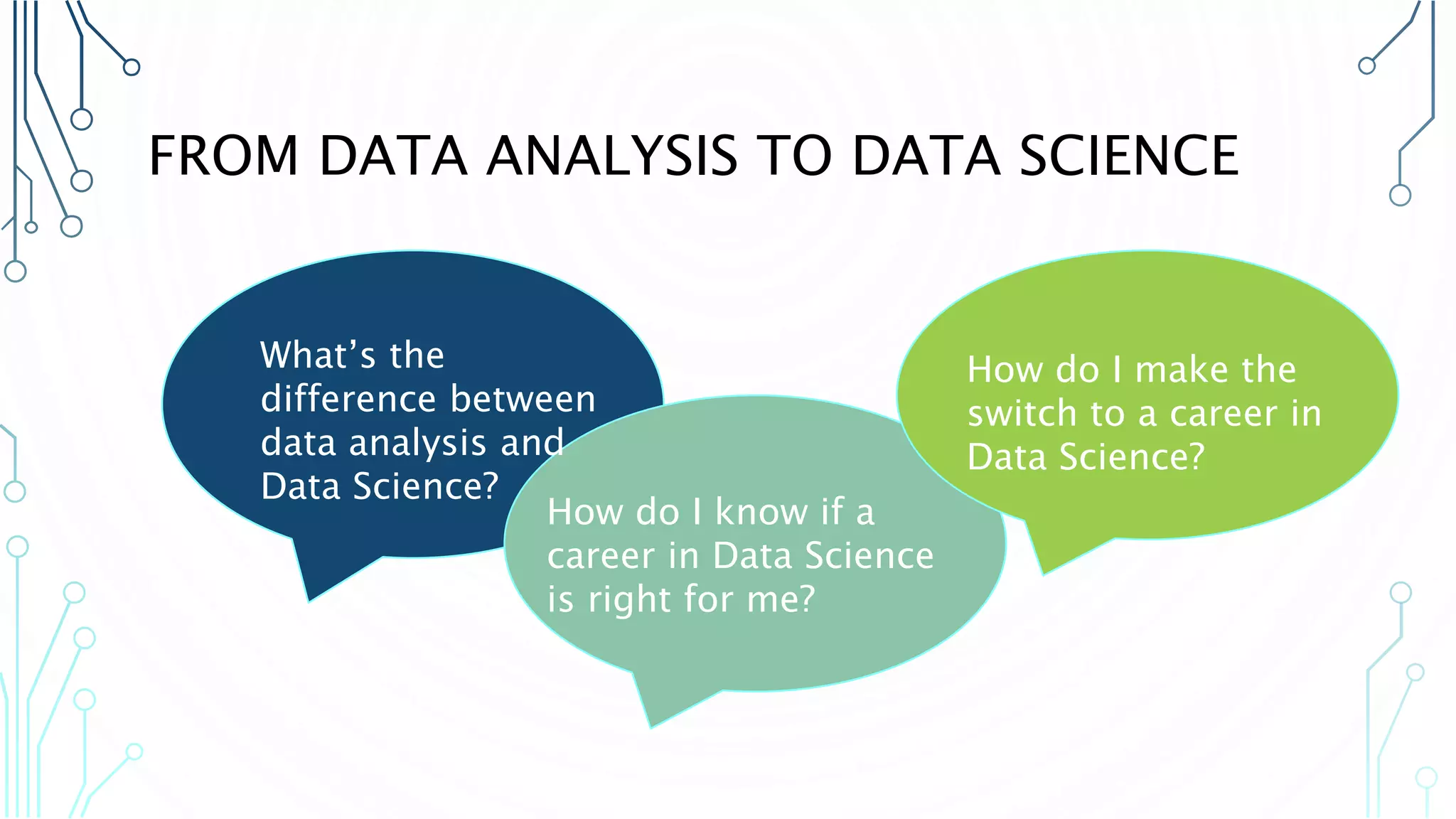 FROM DATA ANALYSIS TO DATA SCIENCE What’s the difference between data analysis and Data Science? How do I know if a career in Data Science is right for me? How do I make the switch to a career in Data Science? 
