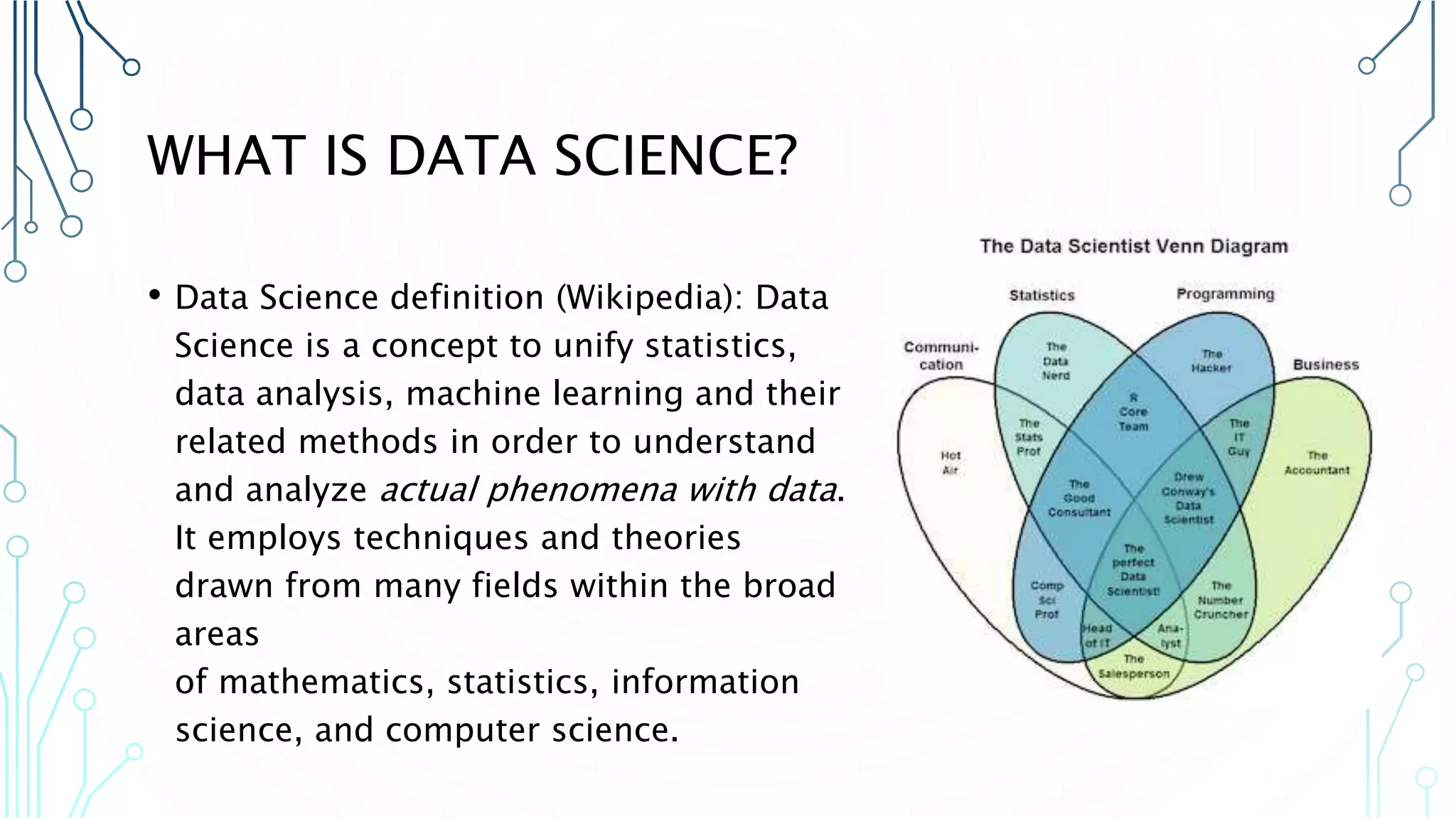 WHAT IS DATA SCIENCE? • Data Science definition (Wikipedia): Data Science is a concept to unify statistics, data analysis, machine learning and their related methods in order to understand and analyze actual phenomena with data. It employs techniques and theories drawn from many fields within the broad areas of mathematics, statistics, information science, and computer science. 
