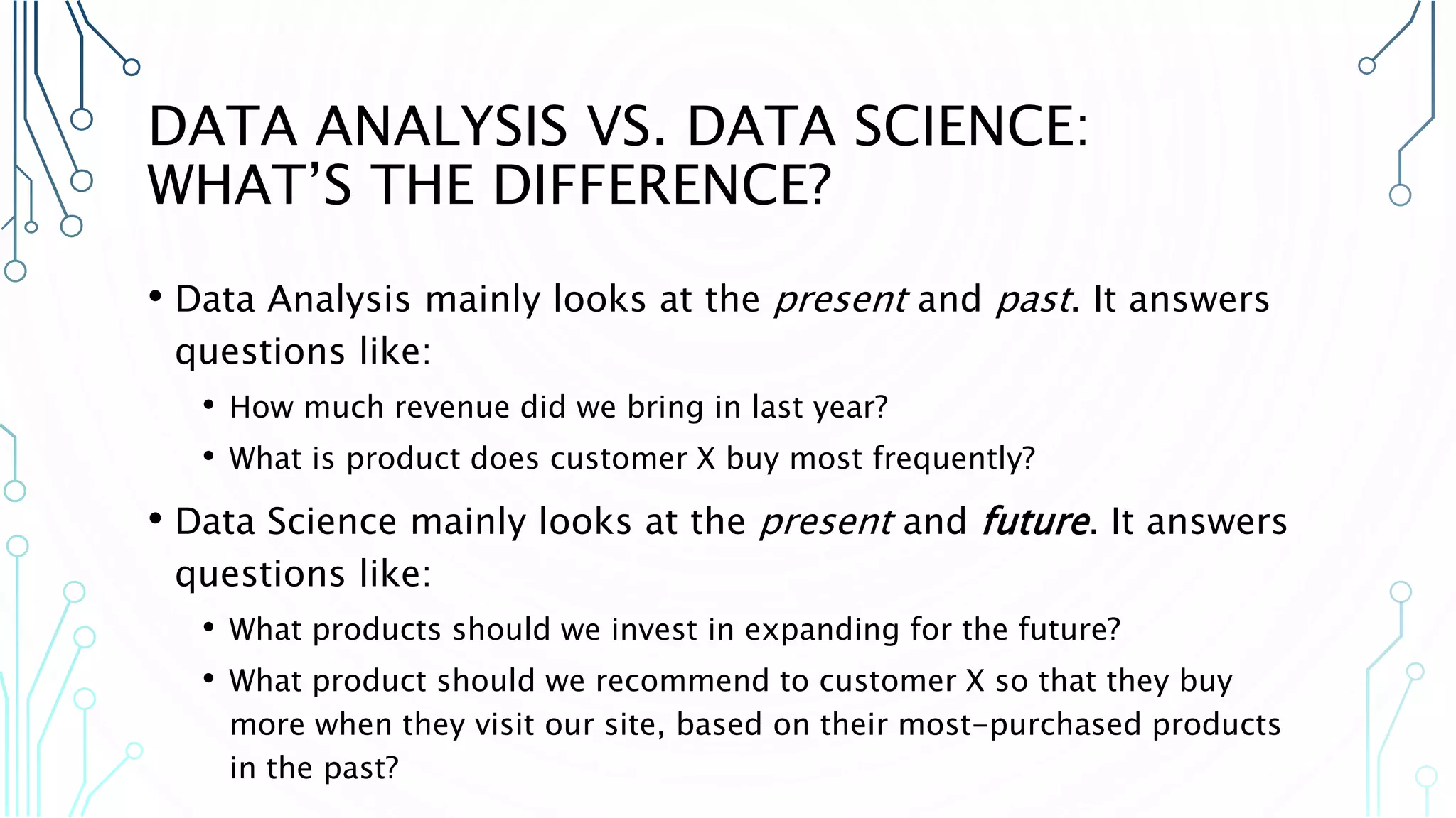 DATA ANALYSIS VS. DATA SCIENCE: WHAT’S THE DIFFERENCE? • Data Analysis mainly looks at the present and past. It answers questions like: • How much revenue did we bring in last year? • What is product does customer X buy most frequently? • Data Science mainly looks at the present and future. It answers questions like: • What products should we invest in expanding for the future? • What product should we recommend to customer X so that they buy more when they visit our site, based on their most-purchased products in the past? 
