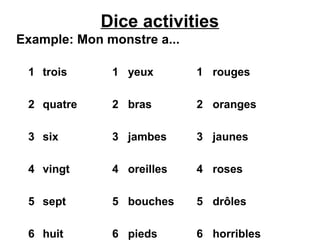 Dice activities
Example: Mon monstre a...
1 trois 1 yeux 1 rouges
2 quatre 2 bras 2 oranges
3 six 3 jambes 3 jaunes
4 vingt 4 oreilles 4 roses
5 sept 5 bouches 5 drôles
6 huit 6 pieds 6 horribles
 