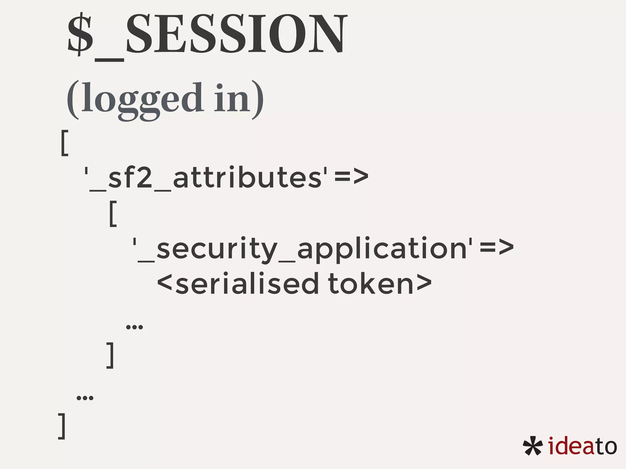 $_SESSION
(logged in)
[
'_sf2_attributes' =>
[
'_security_application' =>
<serialised token>
…
]
…
]
 