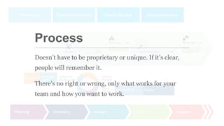 From Startup to Stable
Doesn’t have to be proprietary or unique. If it’s clear,
people will remember it.
There’s no right or wrong, only what works for your
team and how you want to work.
Process
 