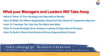 What your Managers and Leaders Will Take Away
What It Takes To Turn Strategy Into Operational Reality
How To Make The Whole Organization Sing From One Sheet of Corporate objective
How To Translate The Talk Into The Work And Walk
How To Avoid Strategic Over Analysis Leading To Operational Paralysis
How To Build a Result And Solution Driven Organizational Culure
SWEAT YOUR ASSET DERIVATIVE LTD 4
 