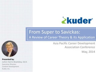 From Super to Savickas:
A Review of Career Theory & its Application
Asia Pacific Career Development
Association Conference
May, 2014
Presented by:
JoAnn Harris-Bowlsbey, Ed.D.
Executive Director,
Content Development
Kuder, Inc.
 