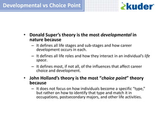 Developmental vs Choice Point
• Donald Super’s theory is the most developmental in
nature because
– It defines all life st...