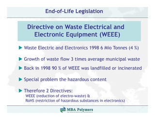 End-of-Life Legislation

 Directive on Waste Electrical and
   Electronic Equipment (WEEE)
               q p       (      )

Waste Electric and Electronics 1998 6 Mio Tonnes (4 %)

Growth of waste flow 3 times average municipal waste
Back in 1998 90 % of WEEE was landfilled or incinerated

Special problem the hazardous content

Therefore 2 Directives:
WEEE (reduction of electro-waste) &
      (                           )
RoHS (restriction of hazardous substances in electronics)
 