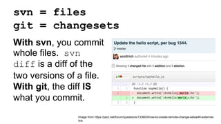 svn = files
git = changesets
Image from https://jazz.net/forum/questions/133603/how-to-create-remote-change-setswith-external-
link
With svn, you commit
whole files. svn
diff is a diff of the
two versions of a file.
With git, the diff IS
what you commit.
 