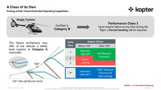 Kopter Group AG makes no representation or warranty as to the completeness of this information
and shall not be held liable for any representations (expressed or implied) regarding information contained in this document or any other written or oral communications.
Kopter – a Leonardo Company
Kopter Group AG I Title Feb 2021 I 12
A Class of its Own
Finding a Path Toward Extended Operating Capabilities
Single Turbine
Performance Class 3
Upon engine failure at any time during the
flight, a forced landing will be required
Certified in
Category B
The Hybrid architecture may
offer at low altitude a safety
level superior to Category A
rotorcrafts.
Perfo
Class
Engine Failure
Before TDP After TDP
1
2
3
“H”
Rejected
Take-Off +
“AEO” Obstacle
Clearance &
Safe Landing
Forced
Landing
OEI Obstacle
Clearance
Rejected
Take-Off
TDP
TDP: Take-off Decision Point
 