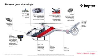 Kopter Group AG makes no representation or warranty as to the completeness of this information
and shall not be held liable for any representations (expressed or implied) regarding information contained in this document or any other written or oral communications.
Kopter – a Leonardo Company
The «new generation» single...
FADEC
turboshaft engine
with outstanding
hot and high
performance
Shrouded
low noise
and high
safety
tail rotor
High
tail-boom
clearance
Superior
cargo-hold
with rear
access
Latest
generation
Garmin G3000H
IFR-compatible
flight deck with
and NVG friendly
glass cockpit
and touchscreen
control
Advanced rotor system
with 5 blades in
full composites
for low vibration
and low noise
Up to 1+8
Passengers
on individual
crashworthy
seats
6.5 m3 modular cabin
with equivalent size
compared to a
twin-engine helicopter
Crashworthy
composite
airframe
Dual hydraulic
and
dual electrical
systems
All images for reference only
Apr 2021 |
Kopter Group AG | Company Presentation 2
 