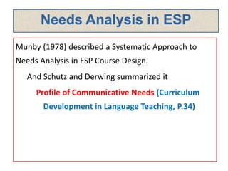Munby (1978) described a Systematic Approach to
Needs Analysis in ESP Course Design.
And Schutz and Derwing summarized it
Profile of Communicative Needs (Curriculum
Development in Language Teaching, P.34)
 