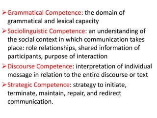 Grammatical Competence: the domain of
grammatical and lexical capacity
Sociolinguistic Competence: an understanding of
the social context in which communication takes
place: role relationships, shared information of
participants, purpose of interaction
Discourse Competence: interpretation of individual
message in relation to the entire discourse or text
Strategic Competence: strategy to initiate,
terminate, maintain, repair, and redirect
communication.
 