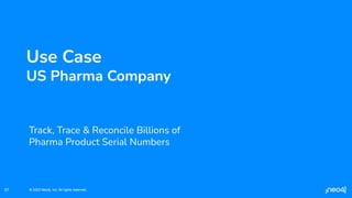 © 2023 Neo4j, Inc. All rights reserved.
© 2023 Neo4j, Inc. All rights reserved.
57
Use Case
US Pharma Company
Track, Trace & Reconcile Billions of
Pharma Product Serial Numbers
 