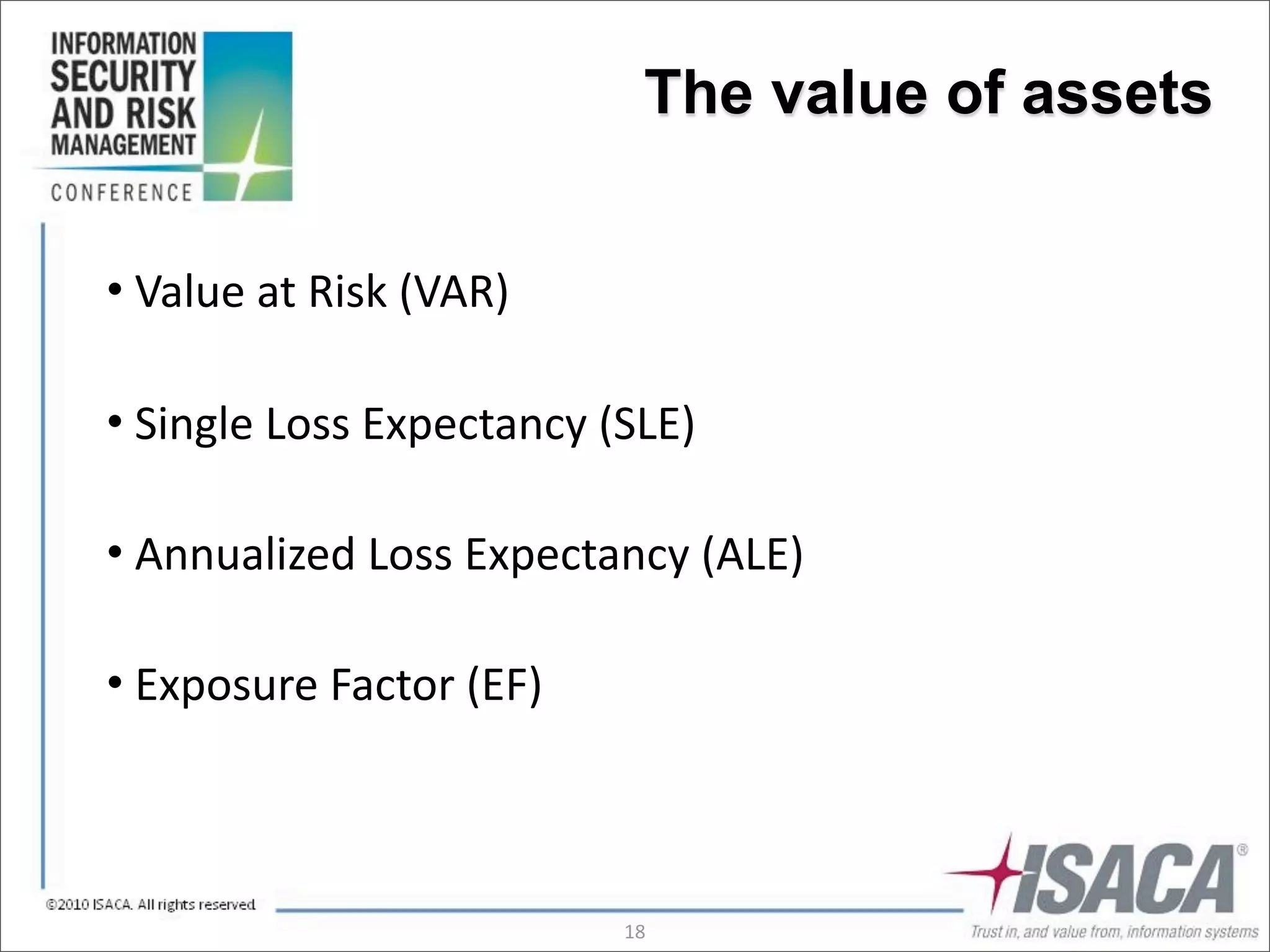 The value of assets


•	
  Value	
  at	
  Risk	
  (VAR)

•	
  Single	
  Loss	
  Expectancy	
  (SLE)

•	
  Annualized	
  Loss	
  Expectancy	
  (ALE)

•	
  Exposure	
  Factor	
  (EF)



                                    18
 