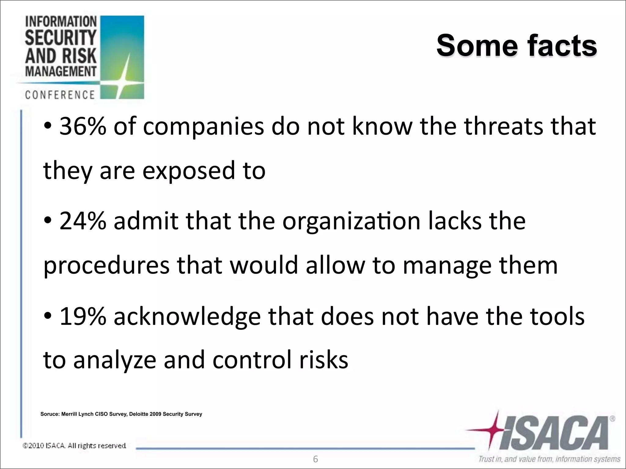 Some facts

•	
  36%	
  of	
  companies	
  do	
  not	
  know	
  the	
  threats	
  that	
  
they	
  are	
  exposed	
  to
•	
  24%	
  admit	
  that	
  the	
  organiza3on	
  lacks	
  the	
  
procedures	
  that	
  would	
  allow	
  to	
  manage	
  them
•	
  19%	
  acknowledge	
  that	
  does	
  not	
  have	
  the	
  tools	
  
to	
  analyze	
  and	
  control	
  risks
Soruce: Merrill Lynch CISO Survey, Deloitte 2009 Security Survey




                                                                   6
 