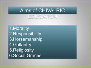 Aims of CHIVALRIC
EDUCATION
1.Morality
2.Responsibility
3.Horsemanship
4.Gallantry
5.Religiosity
6.Social Graces
 
