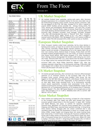 From The Floor
                                                                             18 October 2011


  Key Global Indices
                                                                              UK Market Snapshot
                               Last         1D % 5D % 1M%             1Y%
                              Cl ose          Chg Chg   Chg            Chg     UK markets finished lower yesterday, paring early gains, after Germany
 FTSE 100                   5,436.7        -0.5% 0.7% 1.3%          -5.3%         damped expectations for a complete solution to the euro zone debt crisis at
 DJSTOXX 50                 2,257.6        -0.6%   0.1%   4.4% -11.9%             the forthcoming European Union summit. Security services contractor, G4S,
 FTSEurofirst 300            966.0         -1.0%   0.2%   3.0% -11.2%             the top laggard on the FTSE 100 index, slumped 22.1%, after it agreed to
 German DAX 30              5,859.4        -1.8%   0.2%   5.1% -10.1%
                                                                                   acquire Danish facilities services provider ISS. Among mining stocks, Rio
 French CAC 40              3,166.1        -1.6%   0.1%   4.5% -17.4%
                                                                                   Tinto, Xstrata and Antofagasta declined between 1.3% and 3.6%, as base
 Russia RTS Index           1,427.3        -1.5%   4.5%   -9.4%     -9.8%
 S&P 500                    1,200.9        -1.9%   0.5%   -1.2%     1.4%
                                                                                   metal prices fell. Financial stocks, Legal & General, Royal Bank of Scotland
 Dow Jones Industrials     11,397.0        -2.1% -0.3%    -1.0%     2.3%
                                                                                   and Lloyds Banking declined between 0.6% and 2.5%, as worries about the
 Nasdaq Composite           2,614.9        -2.0%   1.9%   -0.3%     5.4%          eurozone debt contagion increased. Fund manager, Schroders dropped
 Brazil Bovespa            53,911.3        -2.0%   1.2%   -5.8% -24.8%            1.3%, after UBS downgraded the stock to “Neutral” from “Buy”. However,
 Nikkei 225*                8,731.1        -1.7%   3.2%   0.2%      -6.5%         oil industry services group, AMEC, firmed up by 1.7%, after it bagged a
 Shanghai Composite*        2,399.6        -1.7% -1.7%    -1.7% -17.4%            contract worth £150 million. FTSE 100 dipped 0.5% or 29.7 points to settle at
 Sensex*                   16,813.6        -1.2%   2.8%   0.5% -15.6%             5,436.7, while FTSE 250 retreated 0.9% or 88.1 points to close at 10,250.4.
 *Time - BST                       5:13:04 AM

                                                                              European Market Snapshot
   5,555                                                                       Other European markets ended lower yesterday, led by sharp declines in
                                                                                   banking sector stocks, as hopes for an end to the eurozone debt crisis faded,
   5,515                                                                           after German Chancellor Angela Merkel warned investors that European
                                                                                   leaders would not provide a comprehensive fix to the regions debt crisis at
   5,475                                                                           their next meeting. Banks, National Bank of Greece, Piraeus Bank and EFG
                                                                                   Eurobank Ergasias plunged between 9.1% and 10.0%, as concerns mounted
   5,435                                                                           that Greece would default. BNP Paribas dropped 3.7%, after Standard &
                                                                                   Poor’s Ratings Services downgraded the lenders credit rating by one notch,
   5,395                                                                           late Friday. Deutsche Bank fell 3.1%, amid reports that the bank’s exposure
           8:00     9:45      11:30        13:15     15:00         16:35
                                                                                   to Las Vegas casinos has reached €4.9 billion, as large as its exposure to the
                                                                                   eurozone debt crisis. Royal Philips Electronics slipped 1.9%, after the
                                                                                   company reported a steep drop in its third-quarter earnings. FTSEurofirst 300
   11,670                                                                          index slipped 1.0% to 966.0. German DAX Xetra 30 dropped 1.8% to 5,859.4.
                                                                                   French CAC-40 closed 1.6% lower at 3,166.1.

                                                                              US Market Snapshot
   11,598


   11,525
                                                                               US markets plunged yesterday, after comments by a German official damped
   11,453                                                                          optimism of an imminent solution to the European debt crisis at the
                                                                                   European Union summit. Among home builders, Pulte Group, the top
   11,380                                                                          laggard on the S&P 500 index, plunged 9.5%, while Beazer Homes USA and
            9:30    10:45         12:00    13:15     14:30     15:45               KB Home declined 4.3% and 5.8%, respectively, as Fitch lowered its ratings
                                                                                   on their debt. Wells Fargo retreated 8.4%, as its third-quarter earnings
                                                                                   missed market expectations. Canadian Solar plummeted 13.7%, after it
  8,900                                                                            slashed its third-quarter earnings outlook. Freeport-McMoRan Copper & Gold
                                                                                   declined 4.5%, as it postponed production at its Grasberg mine in Indonesia.
  8,856                                                                            Citigroup slipped 1.7%, after S&P Equity Research cut its target price on the
                                                                                   stock. DJIA plunged 2.1% to 11,397.0. NASDAQ shed 2.0% to 2,614.9. S&P
  8,813                                                                            500 lost 1.9% to 1,200.9.

  8,769                                                                       Asian Market Snapshot
  8,725
                                                                               Asian markets are trading lower this morning, as hopes for a fast resolution
            9:00           9:45           10:30        11:15                       to the European debt crisis faded and after data showed that China’s
                                                                                   economic growth slowed down in the third quarter. In Japan, NEC, Toshiba
                                                                                   and Elpida Memory, lost values, as outlook for exporters weakened.
  Manoj Ladwa                                          0207 392 1487               Financial stock, Mitsubishi UFJ Financial Group dropped after its US peers,
  Index and Equity Desk                                0207 392 1479               Citigroup and Wells Fargo, reported lower quarterly earnings. In Hong Kong,
  Institutional Equities                               0207 392 1477               China Eastern Airlines dropped after the airliner confirmed that it was
  Commodities                                          0207 392 1403               cancelling orders for Boeing 787 Dreamliners in favour of a smaller order of
  Options                                              0207 392 1472
                                                                                   Airbus A330s. Jiangxi Copper and Angang Steel, lost values tracking lower
  Currencies                                           0207 392 1455
  Internet Dealing Desk                                0207 392 1434
                                                                                   base metal prices. In South Korea, Samsung Life Insurance tumbled after CJ
                                                                                   Group sold 4 million shares of Samsung Life. Korea Electric Power lost value,
                                                                                   after it forecasted full-year loss of more than 2 trillion won. Nikkei 225 index
                                                                                   is trading 1.7% lower, at 8,731.1. Hang Seng index dropped 3.4%, to trade at
                                                                                   18,232.0, while the Kospi index is trading 1.6% lower, at 1,834.7.
ETX Capital, Beaufort House, 15 St Botolph Street, London EC3A 7DT Tel+44 (0) 207 392 1453

customerservice@etxcapital.co.uk                                                       www.etxcapital.com                            Refer to the last page for disclaimer
 