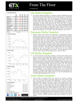 From The Floor
                                                                             21 October 2011


  Key Global Indices
                                                                              UK Market Snapshot
                               Last         1D % 5D % 1M%             1Y%
                              Cl ose          Chg Chg    Chg           Chg     UK markets declined yesterday, as investors remained apprehensive about
 FTSE 100                   5,384.7        -1.2% -0.3% 0.4%         -6.0%         the outcome of the forthcoming EU summit, amid reports of a rift between
 DJSTOXX 50                 2,228.9        -1.4% -1.2%    3.4% -12.9%             France and Germany over the how to boost the eurozone rescue fund.
 FTSEurofirst 300            954.3         -1.4% -1.3%    2.2% -12.2%             Among, engineering stocks, IMI, the top laggard on the FTSE 100 index,
 German DAX 30              5,766.5        -2.5% -2.5%    3.5% -11.6%
                                                                                   slumped 5.6%, while Weir Group fell 1.5%, dragged down on demand
 French CAC 40              3,084.1        -2.3% -3.2%    3.4% -19.4%
                                                                                   concerns. Mining stocks, Anglo American and Kazakhmys slid 4.0% and 5.0%,
 Russia RTS Index           1,423.2        -1.1%   1.9%   -7.3%     -8.6%
 S&P 500                    1,215.4        0.5%    1.0%   1.1%      3.2%
                                                                                   respectively, as base metal prices fell. Rio Tinto lost 3.9%, as Natixis
 Dow Jones Industrials     11,541.8        0.3%    0.6%   1.2%      3.9%
                                                                                   downgraded the stock to “Neutral” from “Buy”, while Antofagasta slipped
 Nasdaq Composite           2,598.6        -0.2% -0.8%    0.3%      5.7%          3.4%, after Tethyan Copper, its joint venture with Barrick Gold, failed to get
 Brazil Bovespa            54,010.0        -1.7% -1.1%    -4.2% -23.3%            an extension for extraction in Baluchistan region. Energy stocks, BP, BG
 Nikkei 225*                8,673.4        -0.1% -1.6%    -0.4%     -7.5%         Group and Tullow Oil retreated between 1.6% and 3.6%, as oil prices lost
 Shanghai Composite*        2,318.0        -0.6% -0.6%    -4.8% -22.4%            ground. FTSE 100 fell 1.2% to 5,384.7, while FTSE 250 shed 1.2% to 10,111.1.
 Sensex*                   16,941.1        0.0%    0.3%   -0.9% -14.8%
 *Time - BST                       5:20:16 AM
                                                                              European Market Snapshot
                                                                               Other European stocks closed lower yesterday, as disagreement between
   5,460                                                                           Germany and France over how to boost the European Financial Stability
                                                                                   Fund hampered market sentiments, increasing concerns that a resolution to
   5,435                                                                           the European debt crisis might get delayed. Banks, Intesa Sanpaolo and
                                                                                   UniCredit, fell 9.8% and 12.0%, respectively, after Fitch Ratings stated that
   5,410                                                                           prospects for Italy’s five largest banks “have significantly deteriorated”.
                                                                                   Deutsche bank dropped 5.5%, after it lost a bid to reclassify $2.4 billion in
   5,385                                                                           claims on Lehman Brothers Holdings. Utilities, RWE and EON, dropped 5.2%
                                                                                   and 5.8%, respectively, after Kepler Equities downgraded both the stocks to
   5,360                                                                           “Reduce” from “Buy”. Schneider Electric slumped 7.6%, after the company
           8:00     9:45      11:30        13:15     15:00         16:35
                                                                                   lowered its 2011 profit target for the second time in four months.
                                                                                   FTSEurofirst 300 index slipped 1.4% to 954.3. German DAX Xetra 30 fell
                                                                                   2.5% to 5,766.5. French CAC-40 dropped 2.3% to close at 3,084.1.

                                                                              US Market Snapshot
   11,590



   11,540
                                                                               US markets finished mostly higher yesterday, recovering from earlier session
                                                                                   losses, as German and French leaders agreed to provide a “comprehensive”
   11,490
                                                                                   solution to the European debt crisis, ahead of the EU summit. Fifth Third
                                                                                   Bancorp, the top gainer on the S&P 500 index, surged 9.1%, after its net
   11,440
                                                                                   income jumped more than doubled and profitability of loans improved in the
                                                                                   third quarter. Nokia jumped 6.2%, after it reported a smaller-than-expected
   11,390
            9:30    10:45         12:00    13:15     14:30     15:45               drop in its third-quarter profits. Philip Morris jumped 3.3%, after it raised
                                                                                   prices in Japan. However, NASDAQ closed lower, led by a decline in
                                                                                   technology sector stocks. Voice communications solutions provider, Polycom,
                                                                                   the top laggard on the NASDAQ, slumped 25.2%, as its third-quarter
  8,698
                                                                                   earnings fell short of market expectations. Dell fell 5.4%, amid concerns that
                                                                                   flooding in Thailand could disrupt some electronic parts production for
  8,689
                                                                                   several quarters ahead. DJIA edged up 0.3% to 11,541.8. NASDAQ fell 0.2%
                                                                                   to 2,598.6. S&P 500 gained 0.5% to 1,215.4.
  8,680


  8,671                                                                       Asian Market Snapshot
                                                                               Asian markets are trading mixed this morning, as investors remained
  8,662
            9:00           9:45           10:30        11:15
                                                                                   cautious over the prospects for Europe's bailout plan after reports stated
                                                                                   that a final proposal has delayed until Wednesday. In Japan, carmaker,
                                                                                   Mitsubishi Motors gained value after a report in the Nikkei business daily
  Manoj Ladwa                                          0207 392 1487
                                                                                   stated that the company’s operating profit would quadruple for April-
  Index and Equity Desk                                0207 392 1479
                                                                                   September period. In Hong Kong, Citic Resources Holding traded higher
  Institutional Equities                               0207 392 1477               after it accepted a bid from Peabody Energy and ArcelorMittal for its stake
  Commodities                                          0207 392 1403               in Australia's Macarthur Coal. China Mobile lost value, after the company
  Options                                              0207 392 1472               posted lower-than-expected rise in profit for January-September period. In
  Currencies                                           0207 392 1455               South Korea, Korea gas rose after it discovered natural gas at a test well off
  Internet Dealing Desk                                0207 392 1434
                                                                                   Mozambique. LG Display gained value after positive comments from brokers.
                                                                                   Nikkei 225 index is trading 0.1% lower, at 8,673.4. Hang Seng index gained
                                                                                   0.1%, to trade at 17,997.8, while the Kospi index is trading 1.1% up, at
                                                                                   1,824.7.
ETX Capital, Beaufort House, 15 St Botolph Street, London EC3A 7DT Tel+44 (0) 207 392 1453

customerservice@etxcapital.co.uk                                                      www.etxcapital.com                            Refer to the last page for disclaimer
 