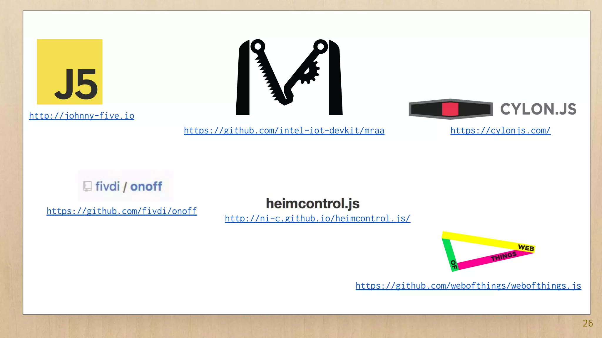 26
http://johnny-five.io
https://github.com/fivdi/onoff
https://github.com/intel-iot-devkit/mraa https://cylonjs.com/
http://ni-c.github.io/heimcontrol.js/
https://github.com/webofthings/webofthings.js
 