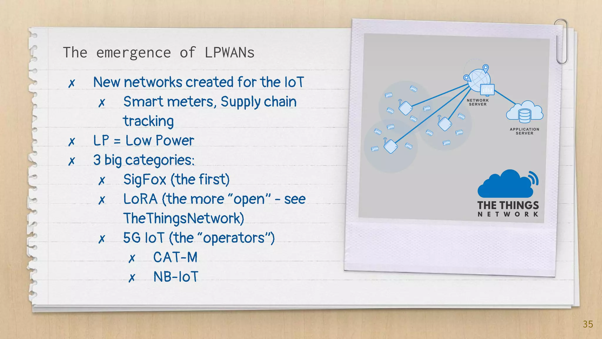 The emergence of LPWANs
✗ New networks created for the IoT
✗ Smart meters, Supply chain
tracking
✗ LP = Low Power
✗ 3 big categories:
✗ SigFox (the first)
✗ LoRA (the more “open” - see
TheThingsNetwork)
✗ 5G IoT (the “operators”)
✗ CAT-M
✗ NB-IoT
35
 