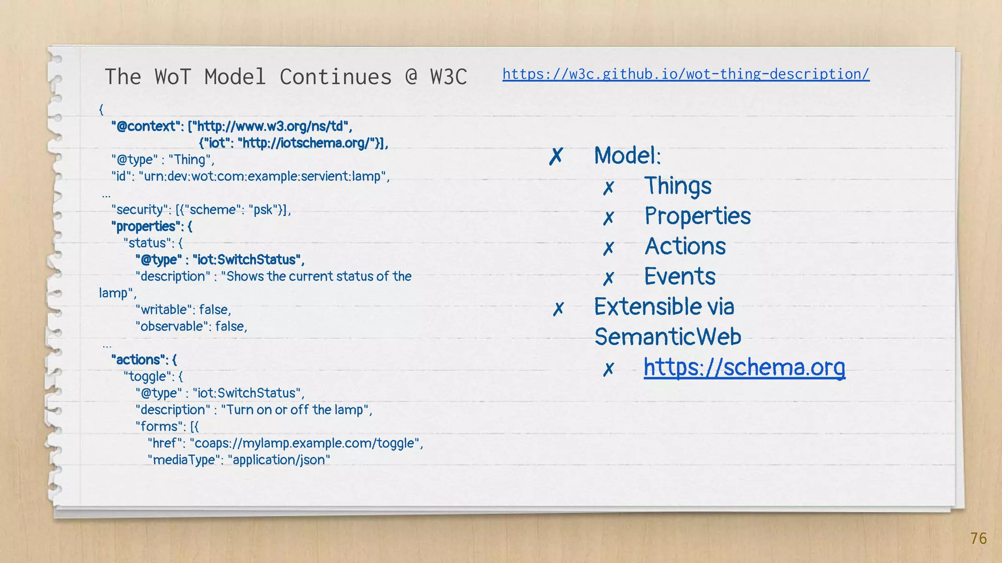 The WoT Model Continues @ W3C
{
"@context": ["http://www.w3.org/ns/td",
{"iot": "http://iotschema.org/"}],
"@type" : "Thing",
"id": "urn:dev:wot:com:example:servient:lamp",
...
"security": [{"scheme": "psk"}],
"properties": {
"status": {
"@type" : "iot:SwitchStatus",
"description" : "Shows the current status of the
lamp",
"writable": false,
"observable": false,
…
"actions": {
"toggle": {
"@type" : "iot:SwitchStatus",
"description" : "Turn on or off the lamp",
"forms": [{
"href": "coaps://mylamp.example.com/toggle",
"mediaType": "application/json"
76
✗ Model:
✗ Things
✗ Properties
✗ Actions
✗ Events
✗ Extensible via
SemanticWeb
✗ https://schema.org
https://w3c.github.io/wot-thing-description/
 