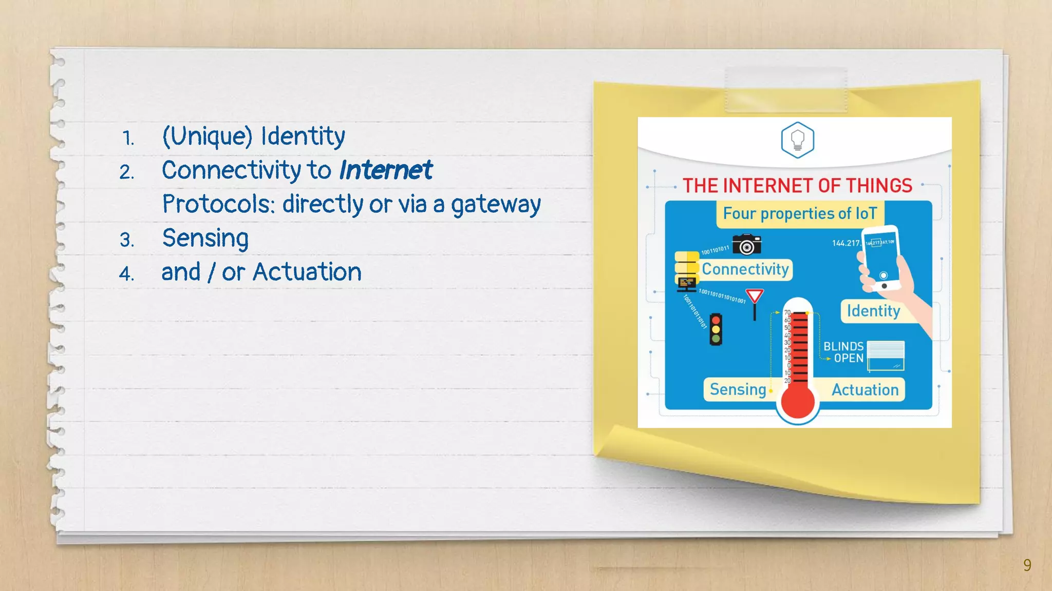 9
1. (Unique) Identity
2. Connectivity to Internet
Protocols: directly or via a gateway
3. Sensing
4. and / or Actuation
 