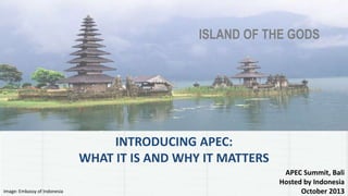 ISLAND OF THE GODS
APEC Summit, Bali
Hosted by Indonesia
October 2013
INTRODUCING APEC:
WHAT IT IS AND WHY IT MATTERS
Image: Embassy of Indonesia
 