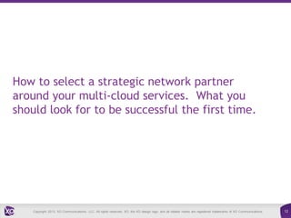How to select a strategic network partner
around your multi-cloud services. What you
should look for to be successful the first time.

Copyright 2013. XO Communications, LLC. All rights reserved. XO, the XO design logo, and all related marks are registered trademarks of XO Communications.

12

 