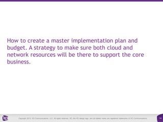How to create a master implementation plan and
budget. A strategy to make sure both cloud and
network resources will be there to support the core
business.

Copyright 2013. XO Communications, LLC. All rights reserved. XO, the XO design logo, and all related marks are registered trademarks of XO Communications.

14

 