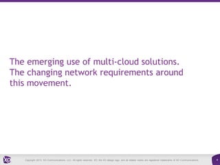 The emerging use of multi-cloud solutions.
The changing network requirements around
this movement.

Copyright 2013. XO Communications, LLC. All rights reserved. XO, the XO design logo, and all related marks are registered trademarks of XO Communications.

4

 