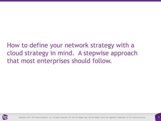 How to define your network strategy with a
cloud strategy in mind. A stepwise approach
that most enterprises should follow.

Copyright 2013. XO Communications, LLC. All rights reserved. XO, the XO design logo, and all related marks are registered trademarks of XO Communications.

9

 