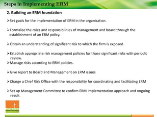 Steps in Implementing ERM
2. Building an ERM foundation
Set goals for the implementation of ERM in the organisation.
Formalise the roles and responsibilities of management and board through the
establishment of an ERM policy.
Obtain an understanding of significant risk to which the firm is exposed.
Establish appropriate risk management policies for those significant risks with periodic
review.
Manage risks according to ERM policies.
Give report to Board and Management on ERM issues
Charge a Chief Risk Office with the responsibility for coordinating and facilitating ERM
Set up Management Committee to confirm ERM implementation approach and ongoing
result.
 
