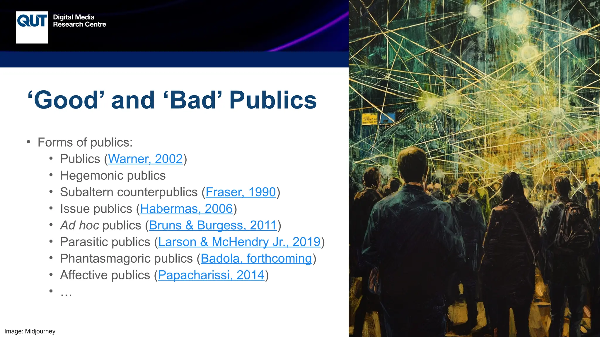 CRICOS No.00213J
‘Good’ and ‘Bad’ Publics
• Forms of publics:
• Publics (Warner, 2002)
• Hegemonic publics
• Subaltern counterpublics (Fraser, 1990)
• Issue publics (Habermas, 2006)
• Ad hoc publics (Bruns & Burgess, 2011)
• Parasitic publics (Larson & McHendry Jr., 2019)
• Phantasmagoric publics (Badola, forthcoming)
• Affective publics (Papacharissi, 2014)
• …
Image: Midjourney
 