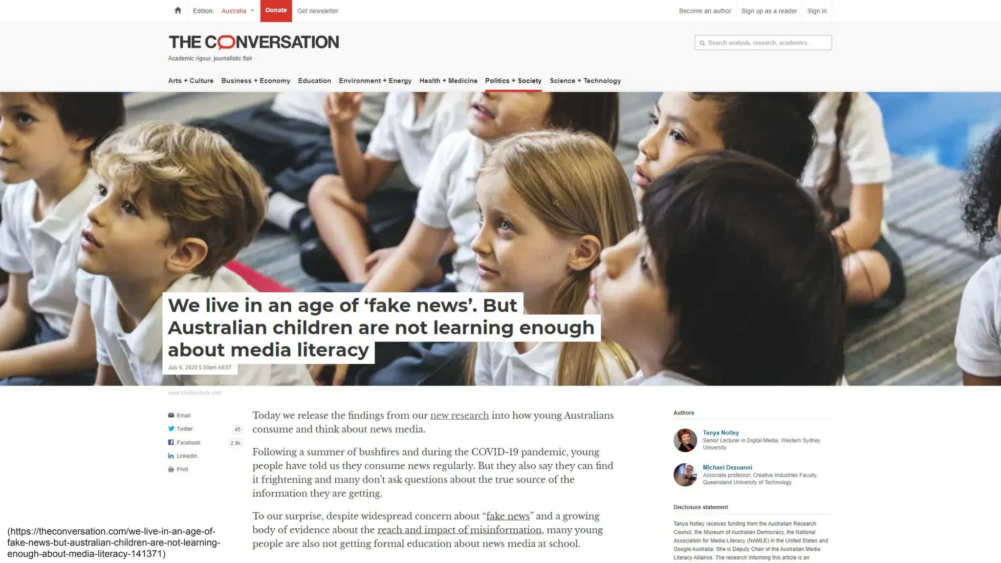 (https://theconversation.com/we-live-in-an-age-of-
fake-news-but-australian-children-are-not-learning-
enough-about-media-literacy-141371)
 