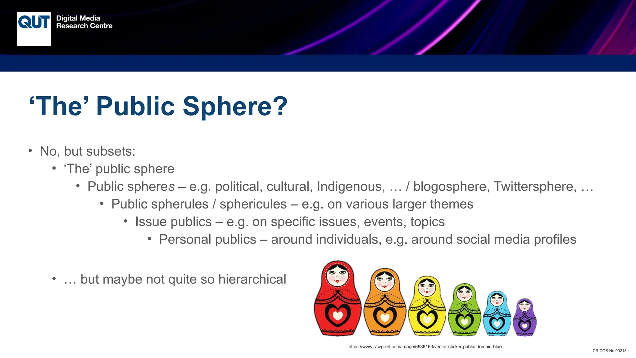 CRICOS No.00213J
‘The’ Public Sphere?
• No, but subsets:
• ‘The’ public sphere
• Public spheres – e.g. political, cultural, Indigenous, … / blogosphere, Twittersphere, …
• Public spherules / sphericules – e.g. on various larger themes
• Issue publics – e.g. on specific issues, events, topics
• Personal publics – around individuals, e.g. around social media profiles
• … but maybe not quite so hierarchical
https://www.rawpixel.com/image/6536163/vector-sticker-public-domain-blue
 