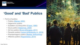 CRICOS No.00213J
‘Good’ and ‘Bad’ Publics
• Forms of publics:
• Publics (Warner, 2002)
• Hegemonic publics
• Subaltern counterpublics (Fraser, 1990)
• Issue publics (Habermas, 2006)
• Ad hoc publics (Bruns & Burgess, 2011)
• Parasitic publics (Larson & McHendry Jr., 2019)
• Phantasmagoric publics (Badola, forthcoming)
• Affective publics (Papacharissi, 2014)
• …
Image: Midjourney
 
