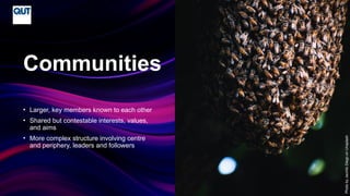 CRICOS No.00213J
• Larger, key members known to each other
• Shared but contestable interests, values,
and aims
• More complex structure involving centre
and periphery, leaders and followers
Communities
Photo
by
Jacinto
Diego
on
Unsplash
 